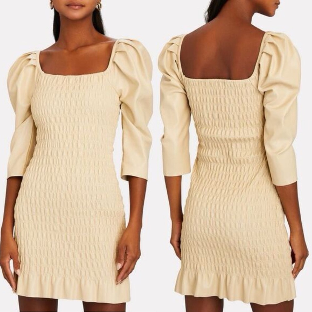 SAYLOR Justina Smocked Square Neck Puff Sleeve Mini Dress in Faux Leather